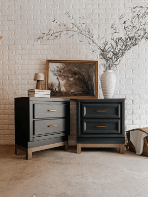 Poloros Noir Nightstands – handcrafted black oak bedside tables with brass handles, modern luxury bedroom furniture.