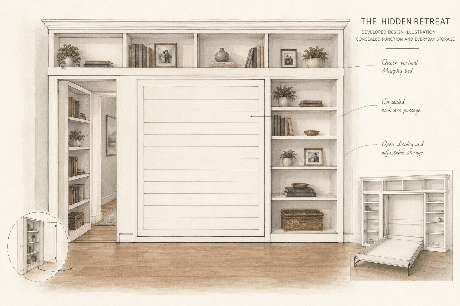 Developed hand-drawn design illustration for The Hidden Retreat Murphy bed wall