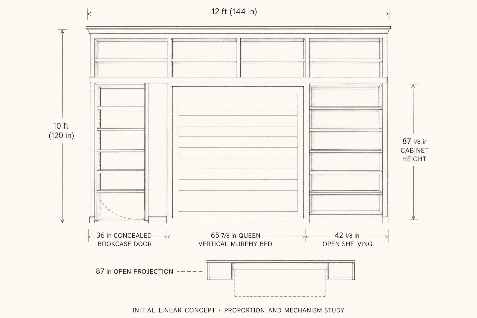 Initial linear concept drawing for The Hidden Retreat Murphy bed and concealed bookcase wall