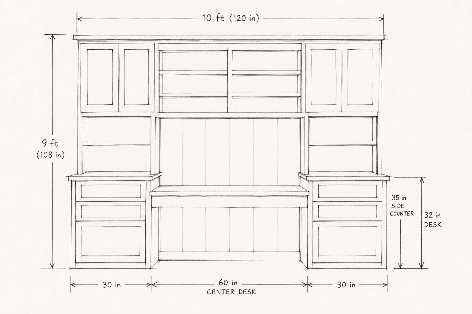 Initial linear concept drawing for The Sage Study two-person home office