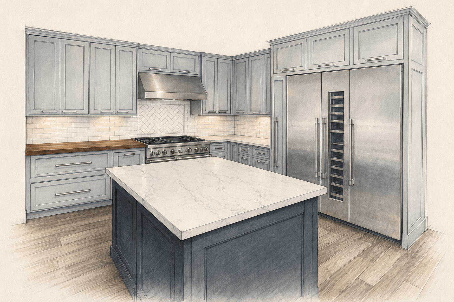 Developed hand-drawn design illustration for The Woodlands Kitchen Renewal