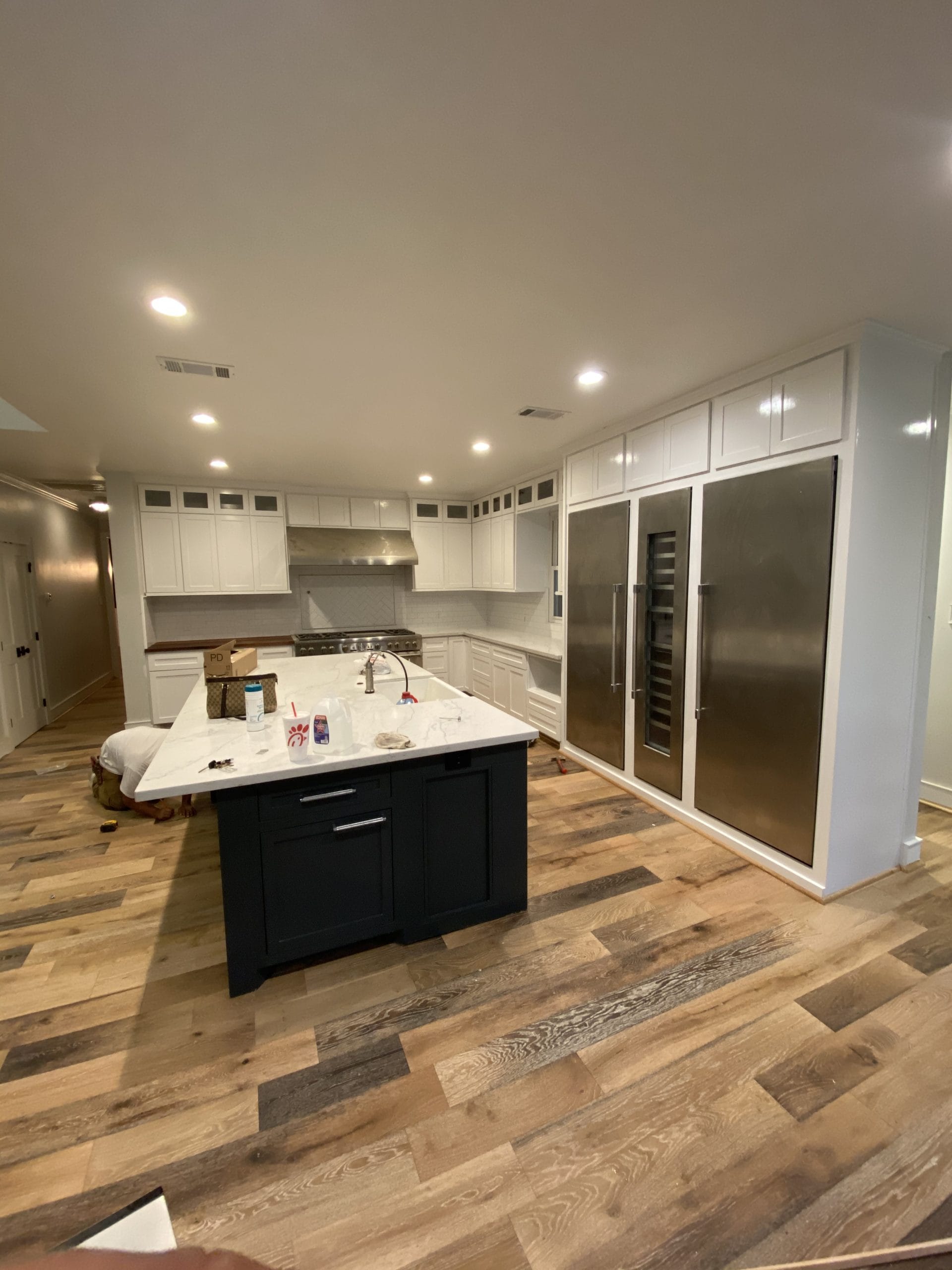 Wide finished view of The Woodlands kitchen renewal, full project view 10