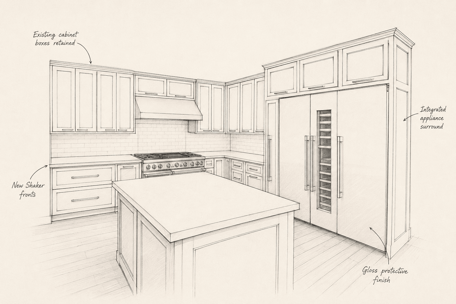 Initial linear concept drawing for The Woodlands Kitchen Renewal with Shaker fronts and appliance surround